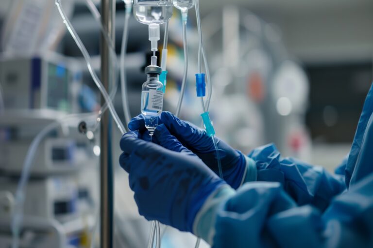 A medical professional wearing blue gloves handles an intravenous (IV) infusion vial connected to tubing in a clinical setting, emphasizing precision and sterility.