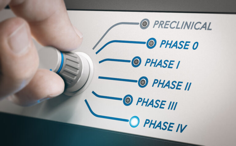 Early Preparation for IND and BLA Submissions. Illustration of the phases of vaccine clinical trials, showing a progression from preclinical research to Phase 1, Phase 2, Phase 3, and regulatory approval, with icons representing laboratory testing, small and large groups of participants, and final distribution.