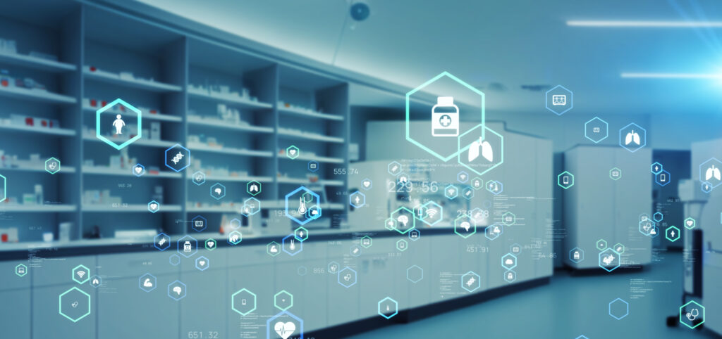 Modern pharmacy and technology concept with a digital interface overlay, depicting laboratory equipment, medical icons, and futuristic data visuals in a blue-toned background. Early Preparation for IND and BLA Submissions.