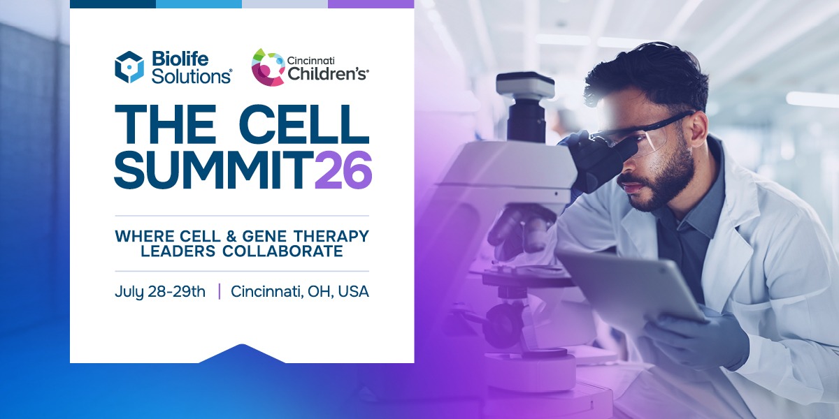 The Cell Summit ’26 event graphic featuring BioLife Solutions and Cincinnati Children’s logos with a scientist using a microscope in a laboratory.