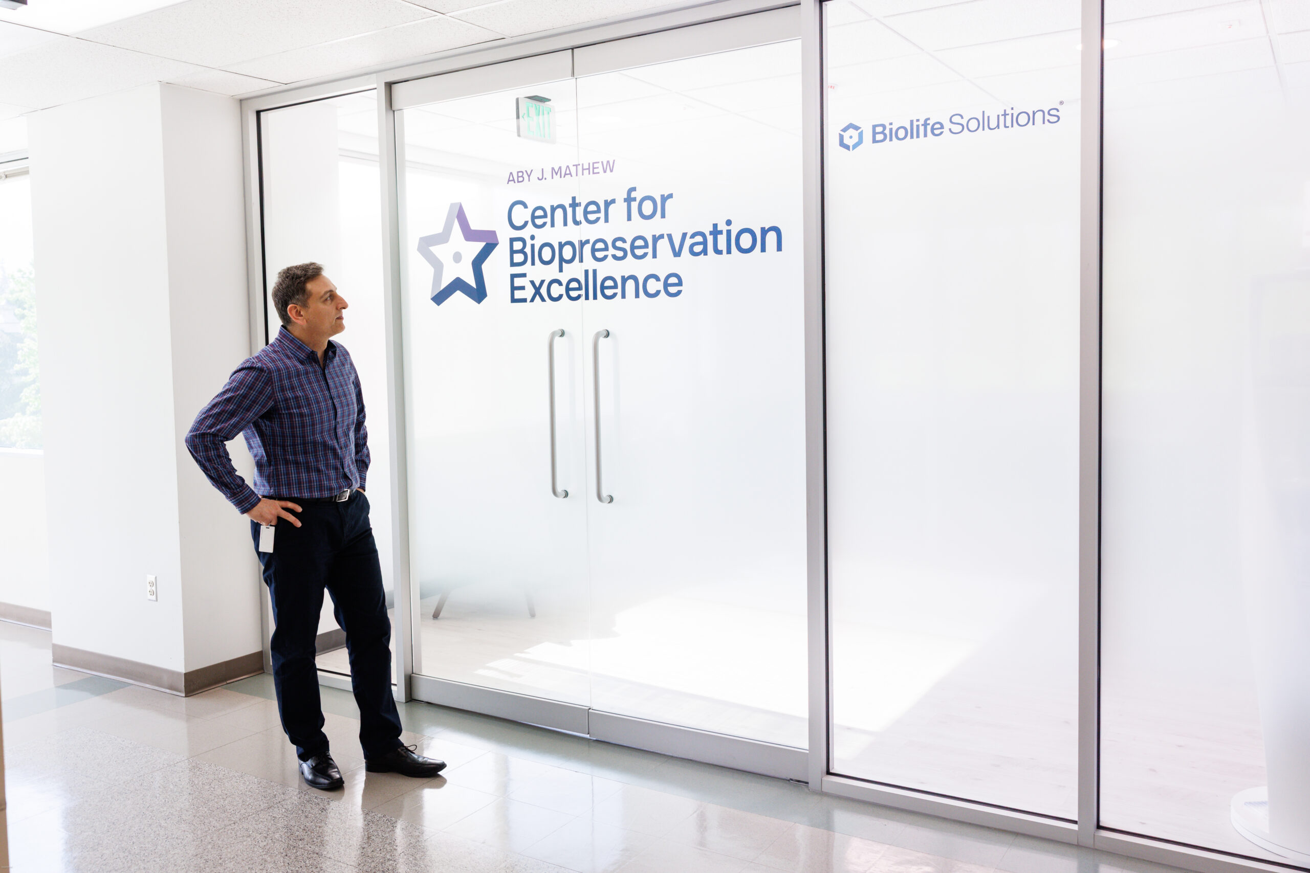 Entrance to the Aby J. Mathew Center for Biopreservation Excellence at BioLife Solutions.
