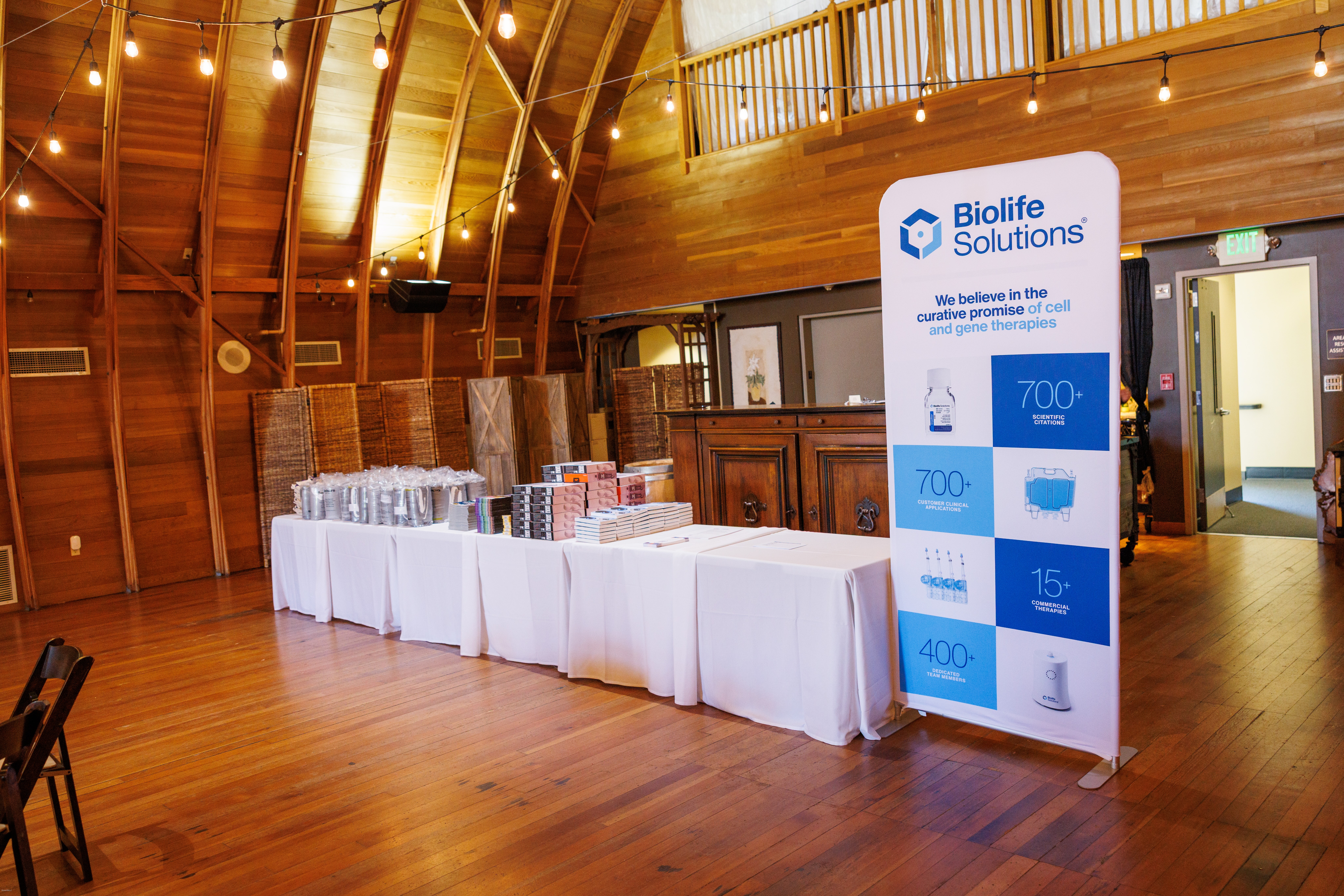 BioLife Solutions event space prepared for the Emily Whitehead Foundation visit. This are the 'Believe Bundles' assembly tables.
